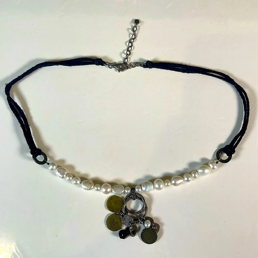 Silpada Suede & Sterling Silver, Pearl, Obsidian & Brass Coin Necklace. retired.